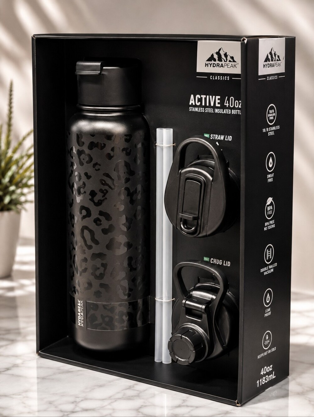 Active 40oz Stainless Steel Water Bottle - Black Leopard